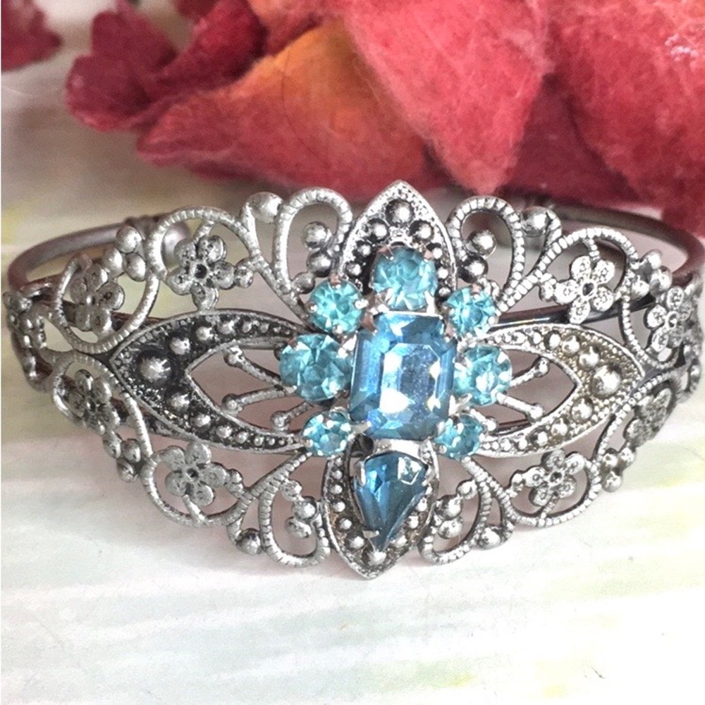 Silver Plated Filigree Cuff Bracelet with Blue Crystal Accents